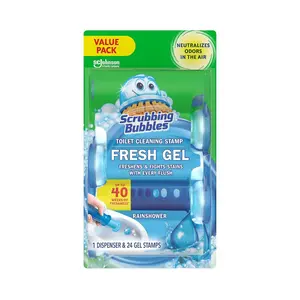 Scrubbing Bubbles Fresh Gel Toilet Bowl Cleaning Stamps, Helps Keep Toilet Clean and Helps Prevent Limescale & Rings, Rainshower Scent, 1 Dispenser with 24 Fresh Gel Stamps