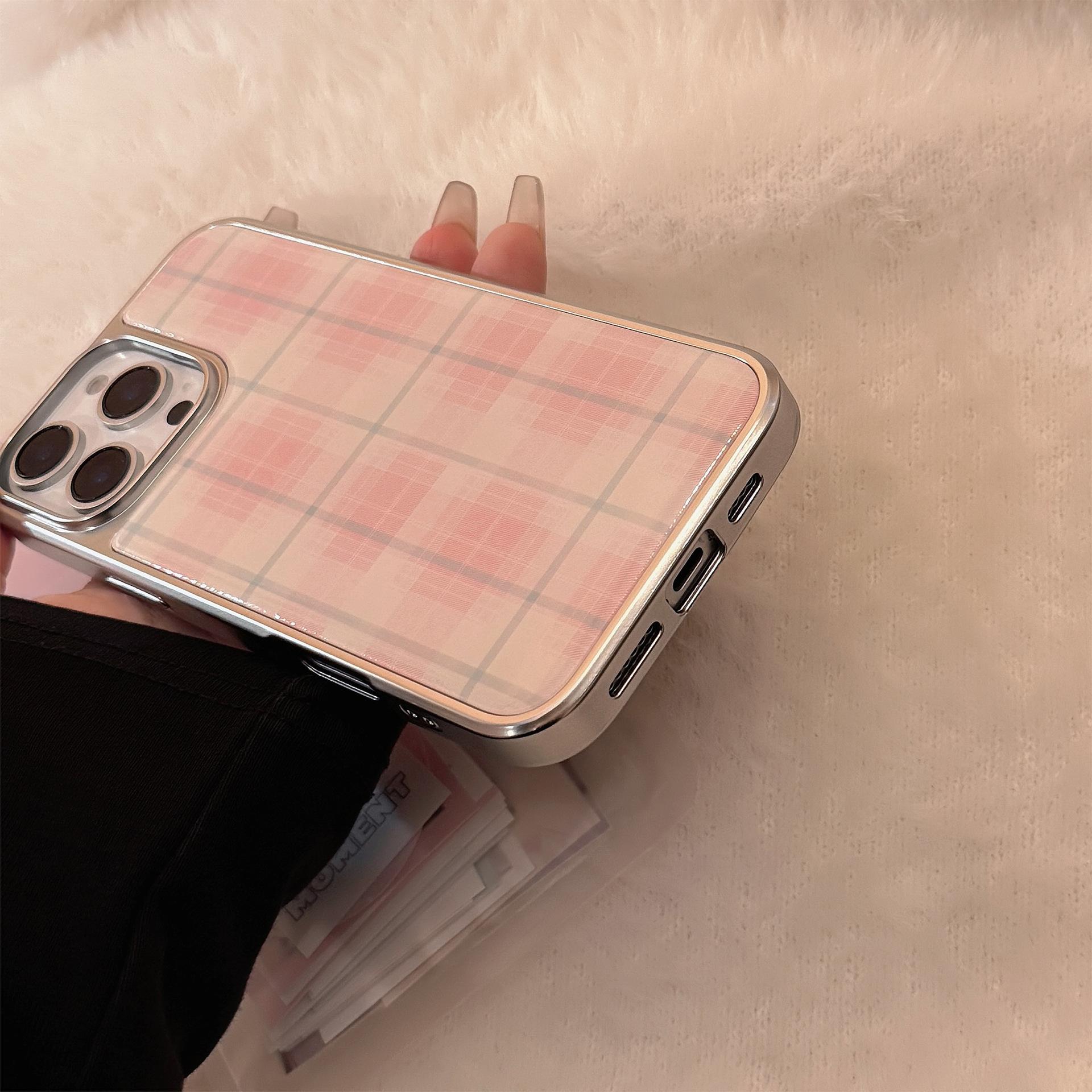 Pink Plaid Phone Case — Compatible with iPhone 16, 15 Pro Max, and 14 Models; Resin-Coated, Sweet Style, Electroplated Finish