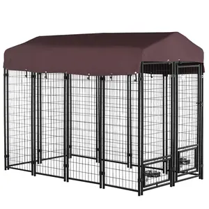 PawHut 8' x 4' x 6' Outdoor Dog Kennel, Welded Wire Heavy Duty Dog Run with 360° Rotating Bowls, Dog Kennel Outside with Waterproof & UV Resistant Cover, for S&M&L Dogs