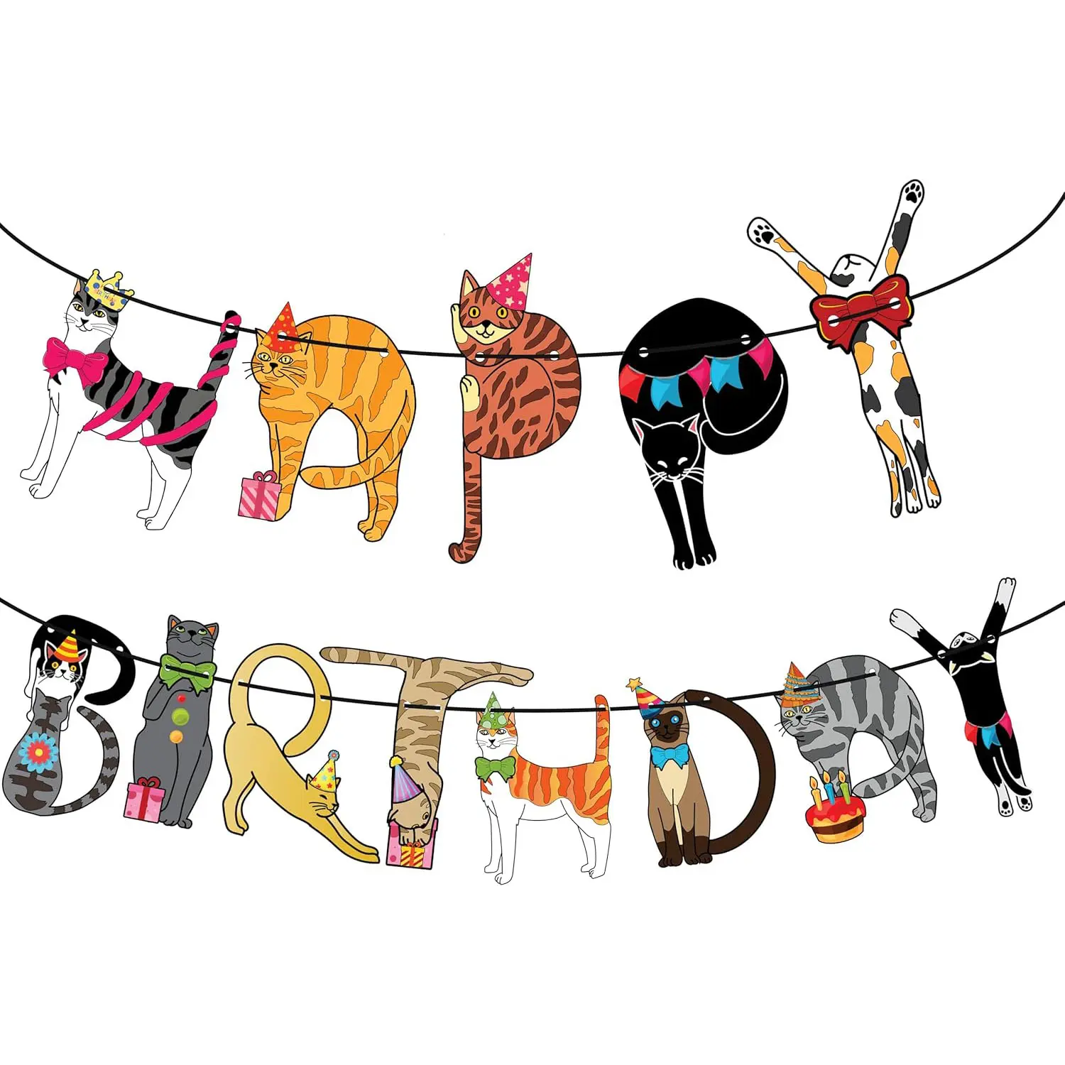 Happy Birthday Cat Banner Funny Cartoon Cats Spelling Letters Garland Bunting Cat Themed Birthday Party Decorations for Cat Lovers Kids Women