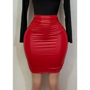 MARIANA RED STRETCHABLE FAUX LEATHER PENCIL MINI SKIRT