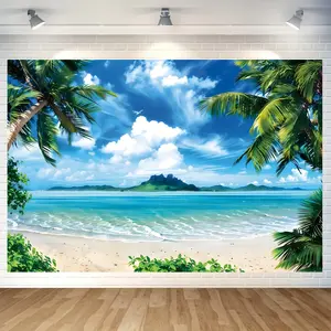 Beach Seaside Island Palm Tree Scene Vinyl Backdrop - Great For Weddings Wall Sign Photo Photography Holiday Party Supplies Decoration Wedding Theme Banners Ornaments