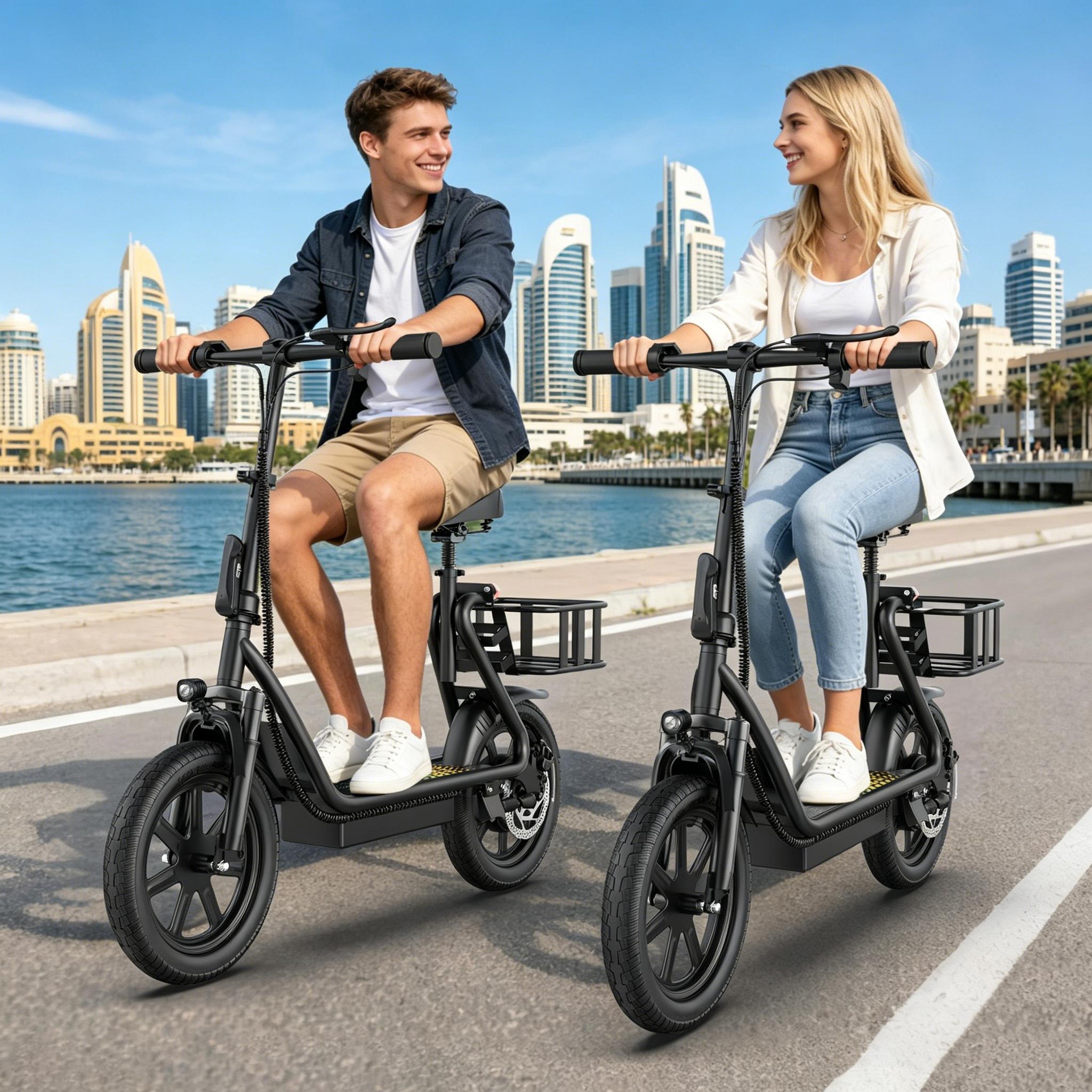 B Comfortable Seated Electric Scooter for Adults 48V 10.4Ah Battery Up to 22MPH Speed 21-27 Miles Range Pet-Friendly Design with Sturdy Rear Basket