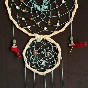 Dreamcatcher with Beads and Feathers, Handmade Macrame Design, Turquoise and Beige Colors, Decorative Wall Hanging