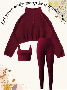 Women's Yoga Sport Set, New Color Elastic Yoga Pants, Fleece Half Zip Hoodie, Comfortable Sexy Top, Fall & Winter Outdoor Running Fitness, Fitness Sport Outfits, Yoga Clothes Set