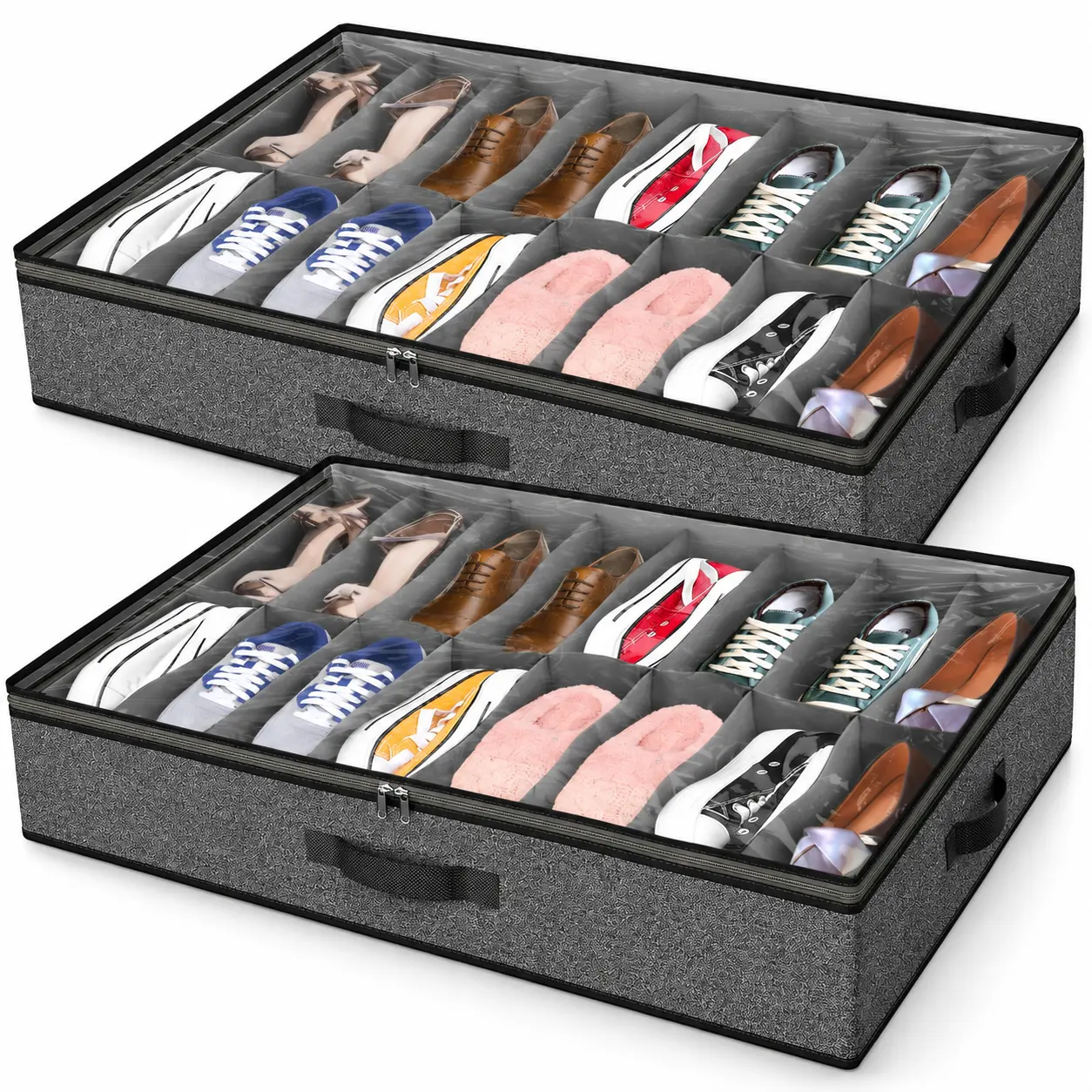 Onlyeasy 2-Pack Sturdy Under Bed Shoe Storage Organizer, Cotton-like Black Foldable Travel Organizer with Handles & Transparent Window, 37.7x23.6x5.9in, Holds 16-32 Pairs, Premium Closet Container, MXBUBS16P2