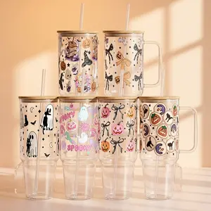 Halloween Spooky Season Glass Tumbler with Lid and Plastic and Glass Straws