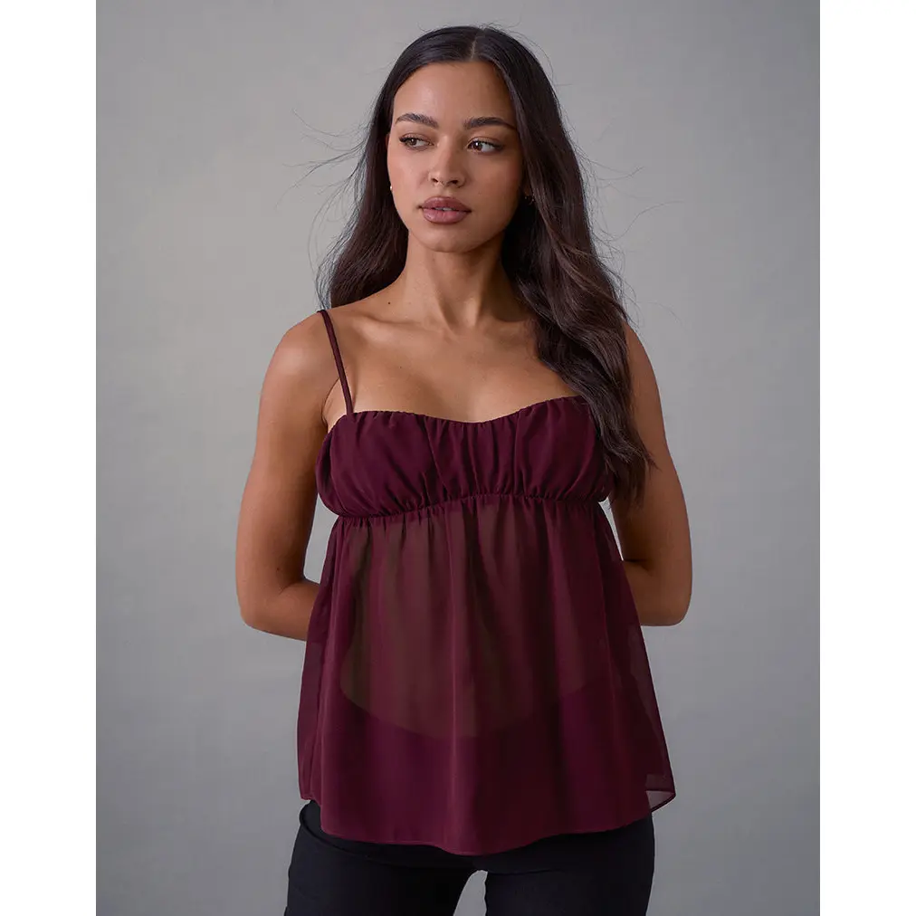 Camden Cami Top in Satin Chiffon Burgundy