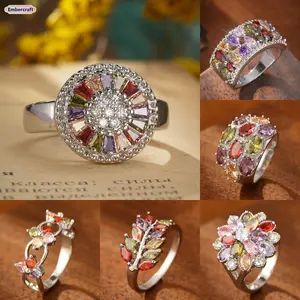 Rainbow Flower Ring Colorful Cubic Zirconia Ring for Women Sparkly Multicolor CZ Jewelry Dainty Aesthetic Statement Ring for Party Daily Wear Gift