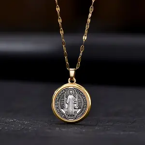St. Benedict Medal Pendant Necklace - Two-Tone Gold and Silver Plated Jewelry for Women prayer necklace