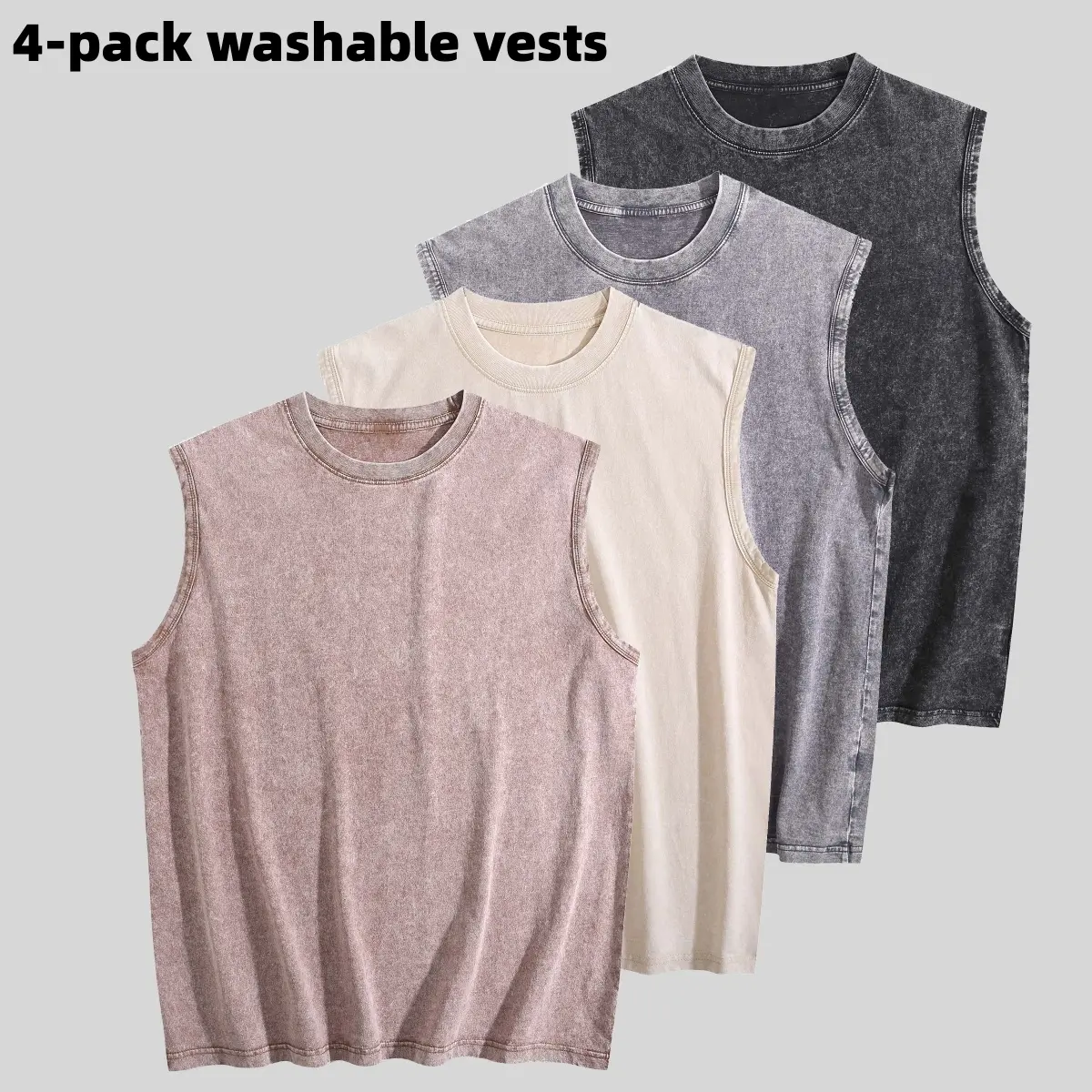 Women's 4-Pack Vintage Wash Cotton Tank Tops - Classic Round Neck, Breathable Fabric Tshirts for Casual Streetwear, Basic Everyday Style, Sleeveless, Dusty Rose, Cream, Vests, Classic Crew, Acid-Washed, Tank Tops For Women, Breathable Cotton, Workout To L
