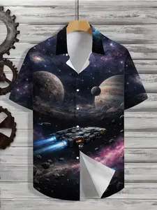 3D Blue Raindrop and Beige Leaf Pattern Men’s Summer Shirt  Hawaiian Style， Perfect for Beach， Vacation， Slight Stretch， Casual Comfort