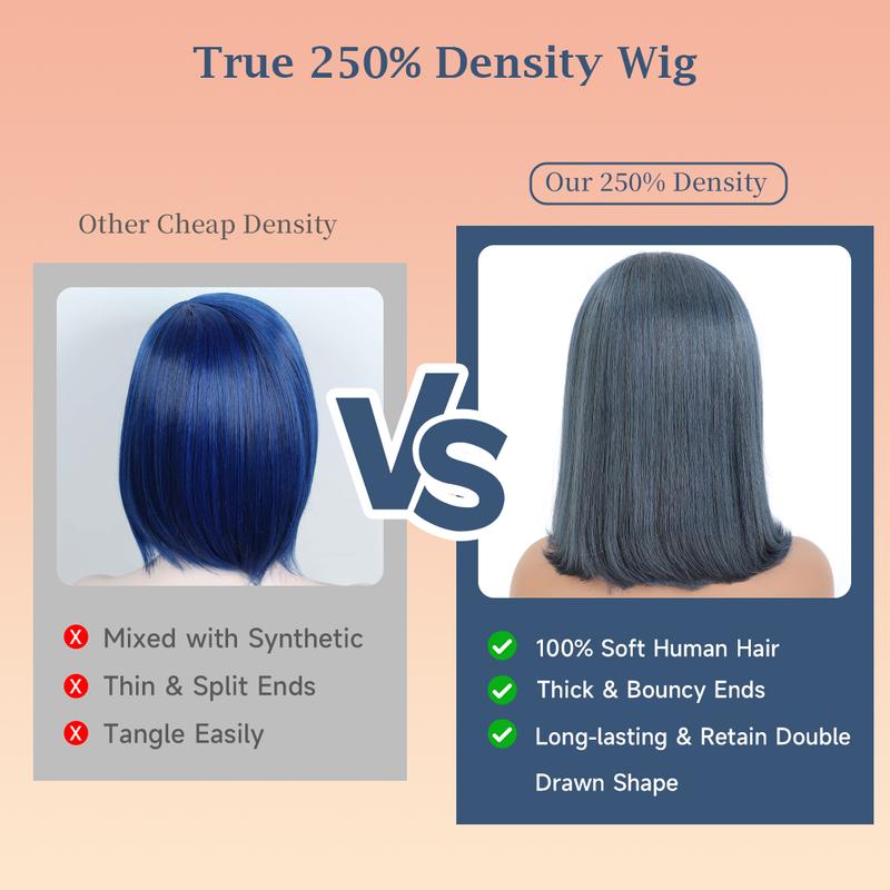 【Unique Color】CindiRiver 250% Density Misty Blue Color Bob Wig 5x5 HD Glueless Wig Human Hair Double Drawn 12 Inch Bob Wigs Side Part Blue Color Lace Front Wig Dark Blue Wig for Black Girls No Glue Needed & Easy to Install with Draw String