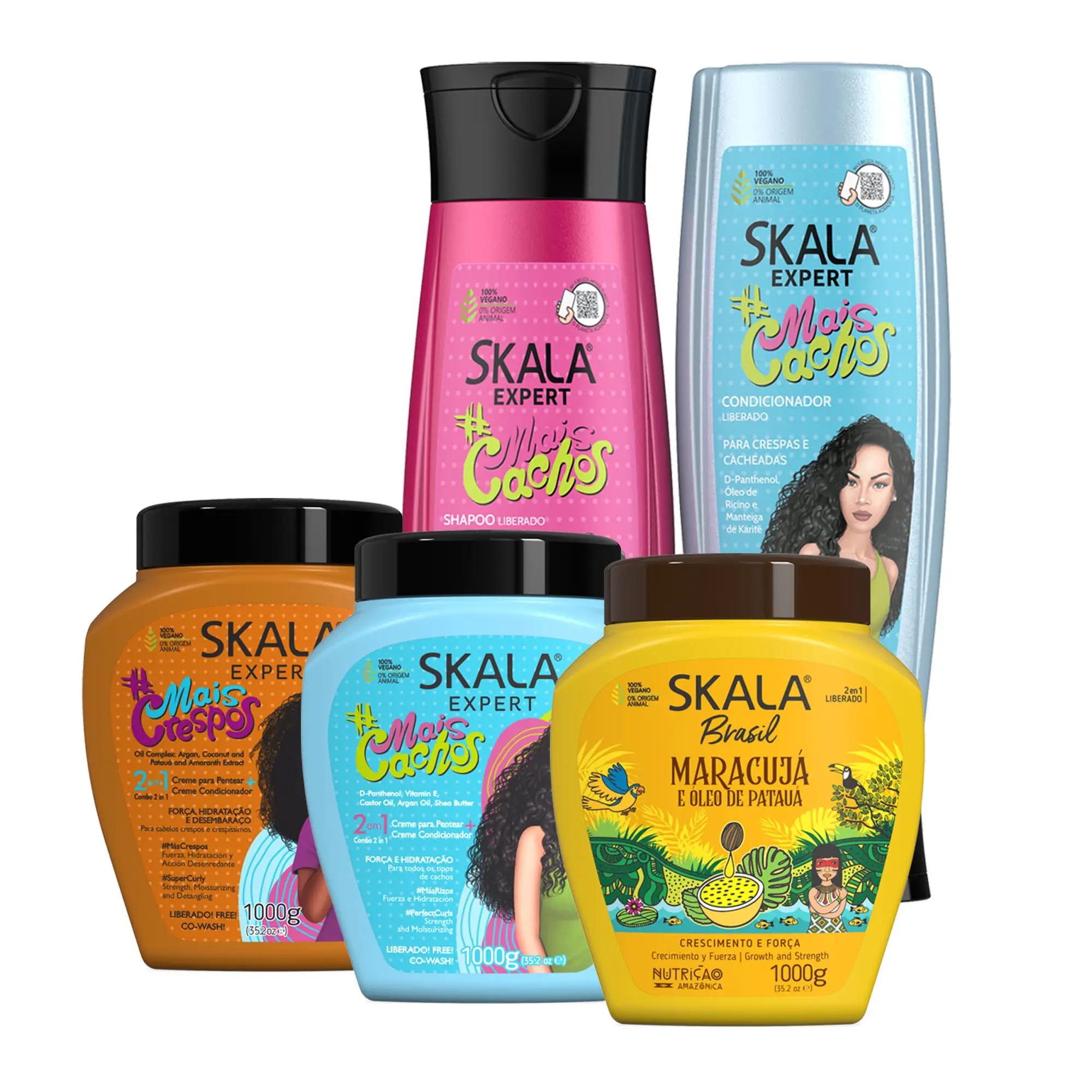 Skala Expert Hair Care 5-Piece Kit: Mais Cachos, Maracuja & Mais Crespos Treatments (1000g Each) + Shampoo & Conditioner (325ml Each) curly Haircare