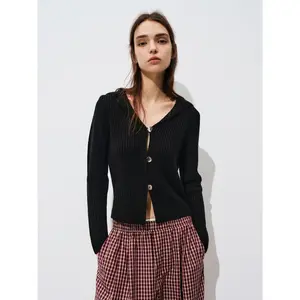 URBAN REVIVO 2026 Women's Plaid Acrylic Fabric Knitwear Cardigan - V-Neck, Button-Up, Long Sleeves, Mid-Length, Multi-Size, Regular Fit, Casual Comfortable Knit Top