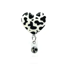 Heart Badge Reel Cow Print, Retractable Swivel Alligator Clip, 2”, Nurse, Dental, Teacher, Medical