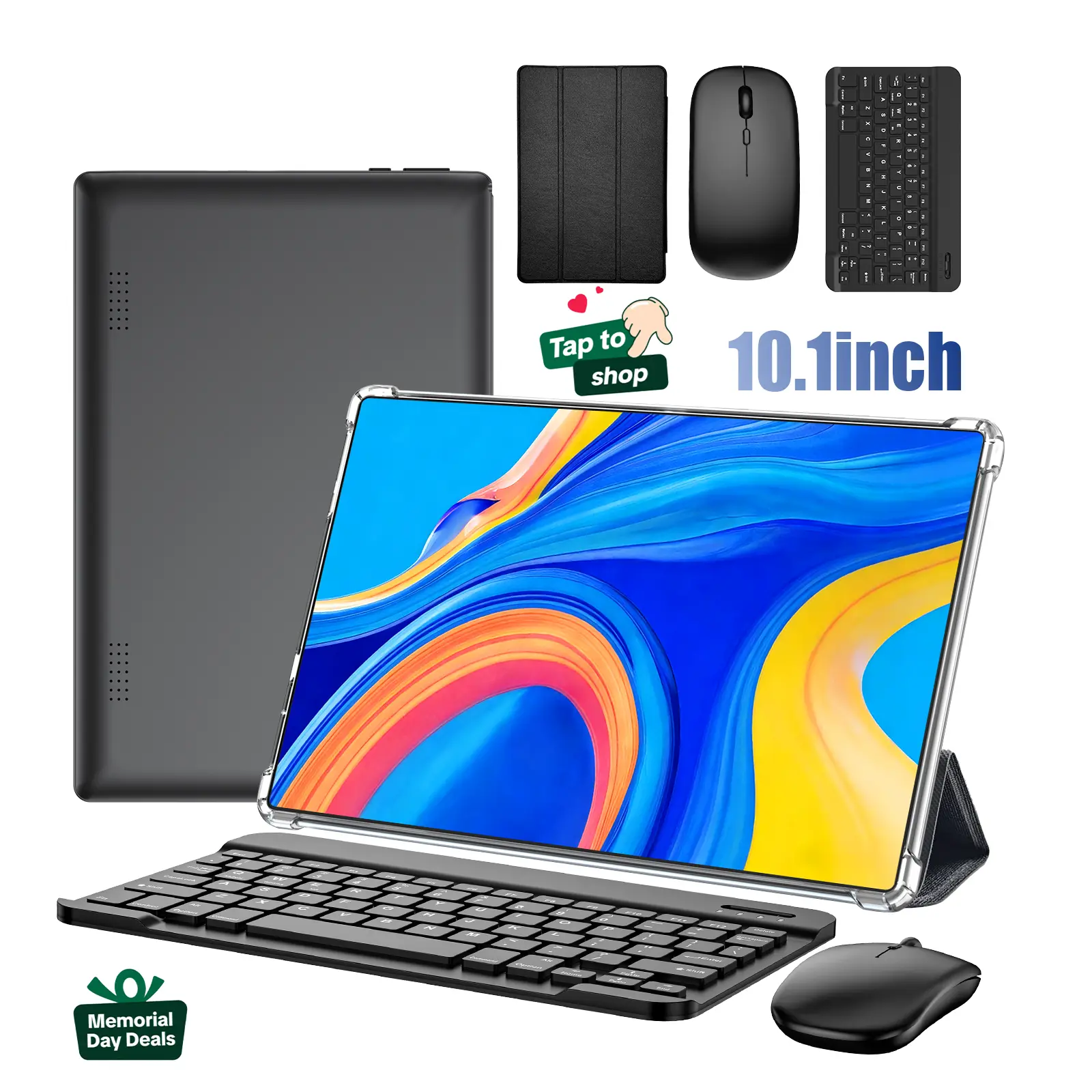 【TikTokShopMemorialday】10.1" Android 15, 64GB ROM, Tablet with Keyboard, Stylus, Mouse & Case，Dual Camera,6000mAh Battery