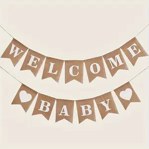 Burlap Bunting Banner for Baby Shower Party Decorations - 9 Feet Hessian Pennant Garland - Vintage Jute Triangle Flags - Rustic Celebration Supplies for Newborn Party - Nursery Room Wall Decor - Photo Prop Backdrop Hanging Sign - Wishing Banner