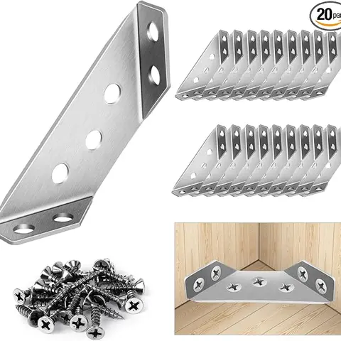 20PCS Universal Stainless Steel Triangular Sturdy Metal Brackets - Hardware for Home Improvement, Hex Cap Screws, Pre-Drilled Holes, Easy Installation, 90° Hold for Wood Furniture, Drawers