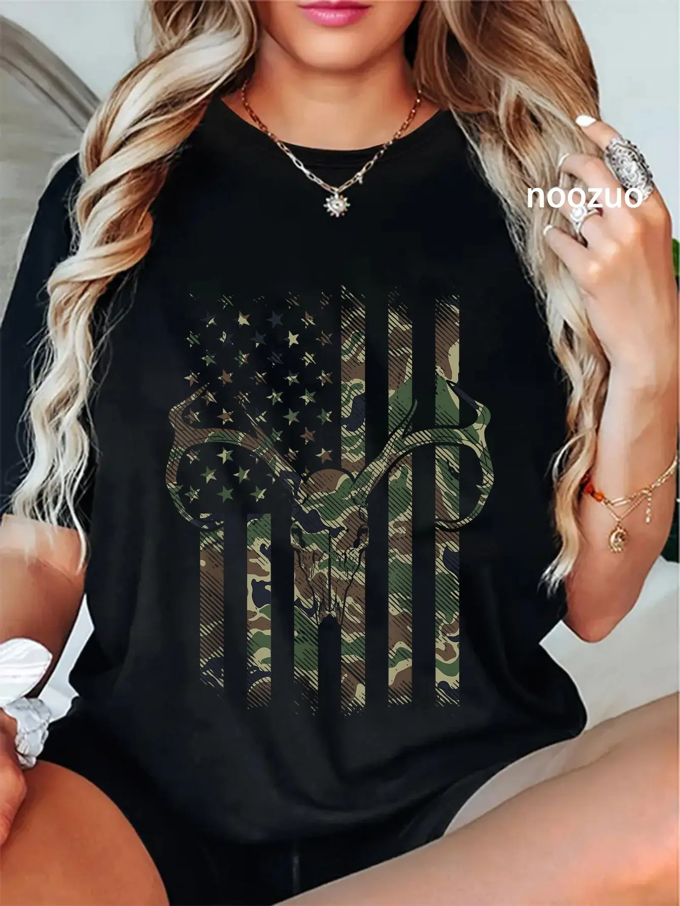 100% Cotton Unisex Camo American Flag Deer Skull Elk Hunting USA Hunter Gift T-Shirt