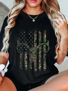 100% Cotton Unisex Camo American Flag Deer Skull Elk Hunting USA Hunter Gift T-Shirt