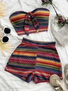 2 pieces of women's knitted rainbow colored strapless top and high waisted shorts set, with colorful Bohemian print and strong vitality, suitable for urban leisure and summer outdoor activities