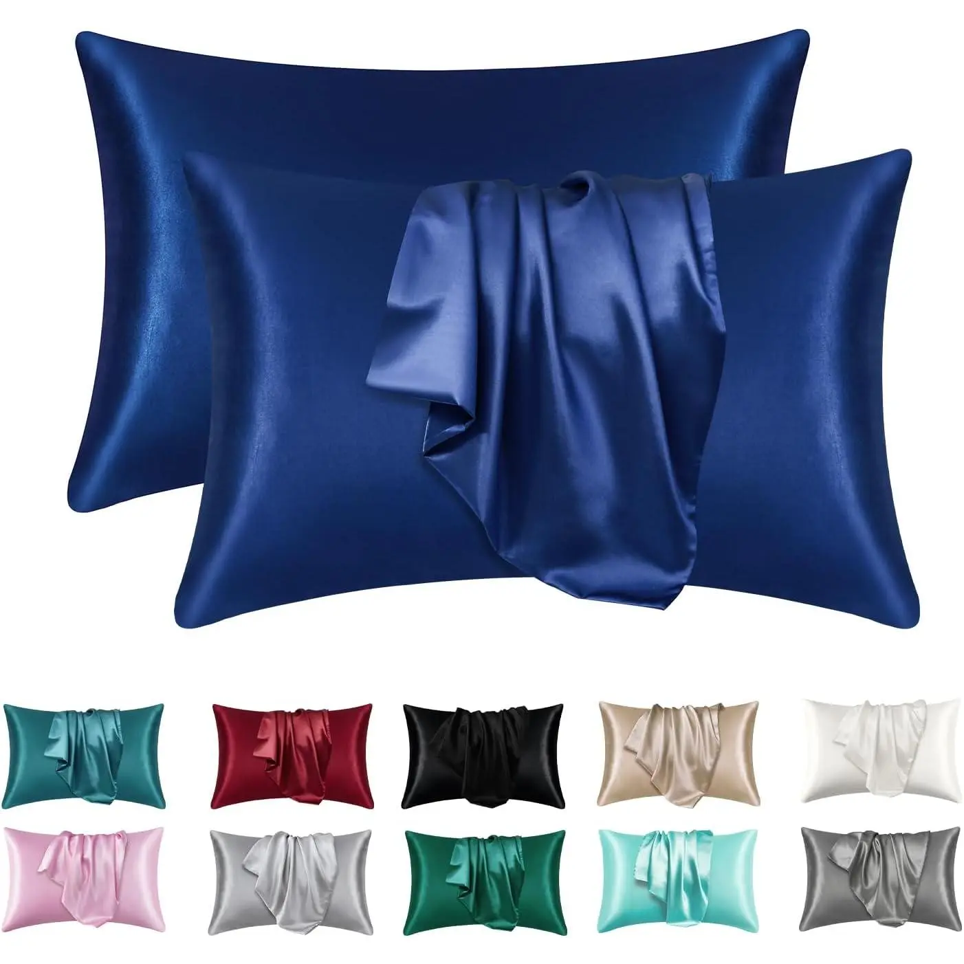Navy & Burgundy Standard Silk-Like 100% Polyester Satin Pillowcases Set of 2 (20"x26") - Envelope Close, Skin-Friendly, Fade-Resistant, Machine Washable, Soft Breathable Cooling Covers, Solid Colors, Cool Iron If Needed, Gift for Women, Cool Iron If Neces