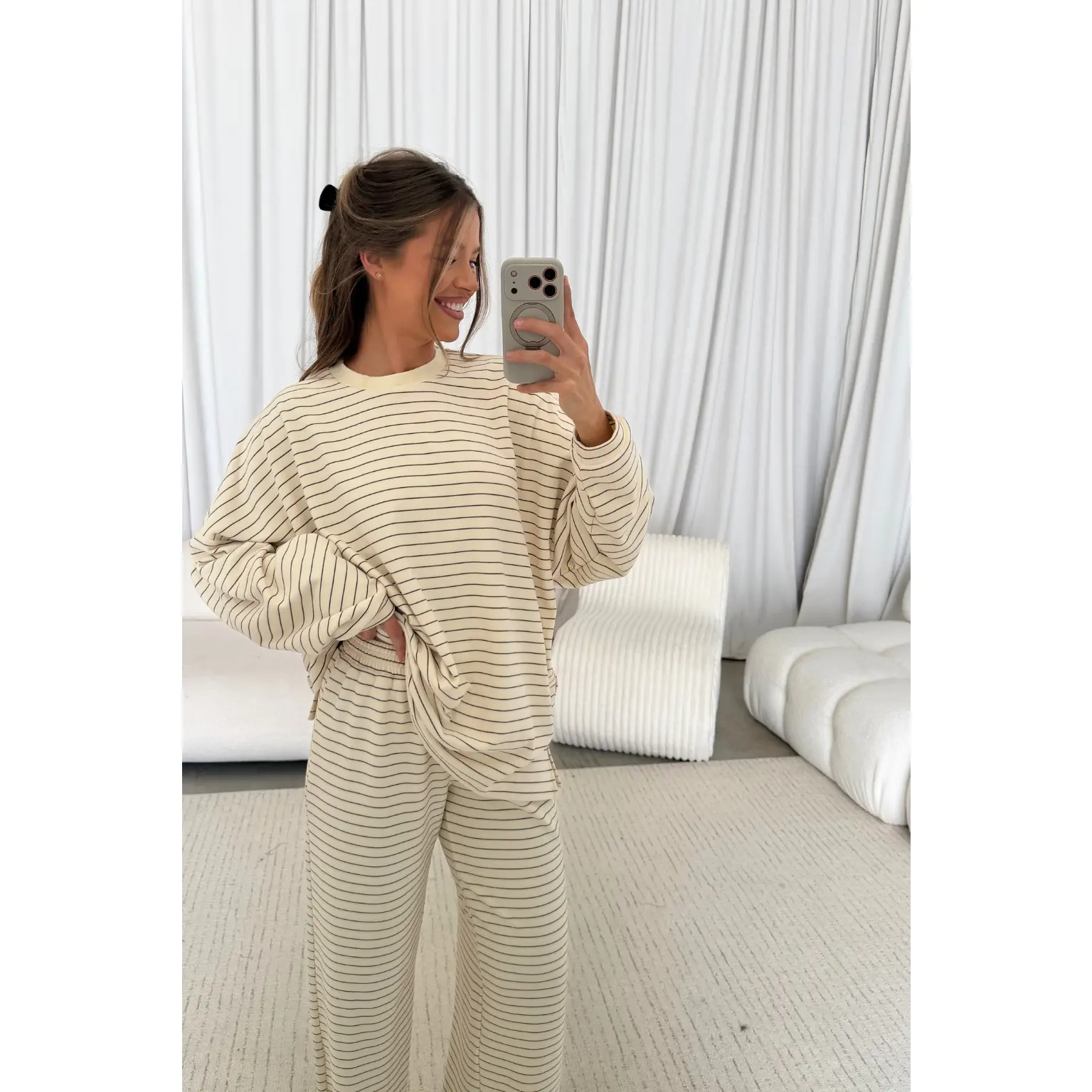 Naomi Thin Striped Oversized ButterFleece Long Sleeve Top in Cream/Brown - Bump Friendly