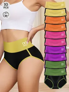 10PCS Women’s High-Waisted Color-Block Panty Set, Soft Cotton-Look Breathable Stretch Briefs, Full-Coverage Comfortable Underwear for Office, Yoga, Lounging & Sleeping