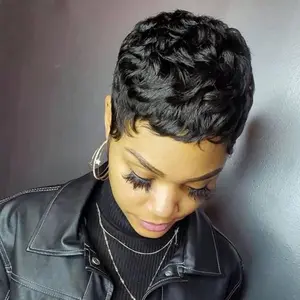 Pixie Cut Straight Short Bob Wig for Black Women 100% Brazilian Human Hair Full Machine Made Wigs Natural Black Color No Brand