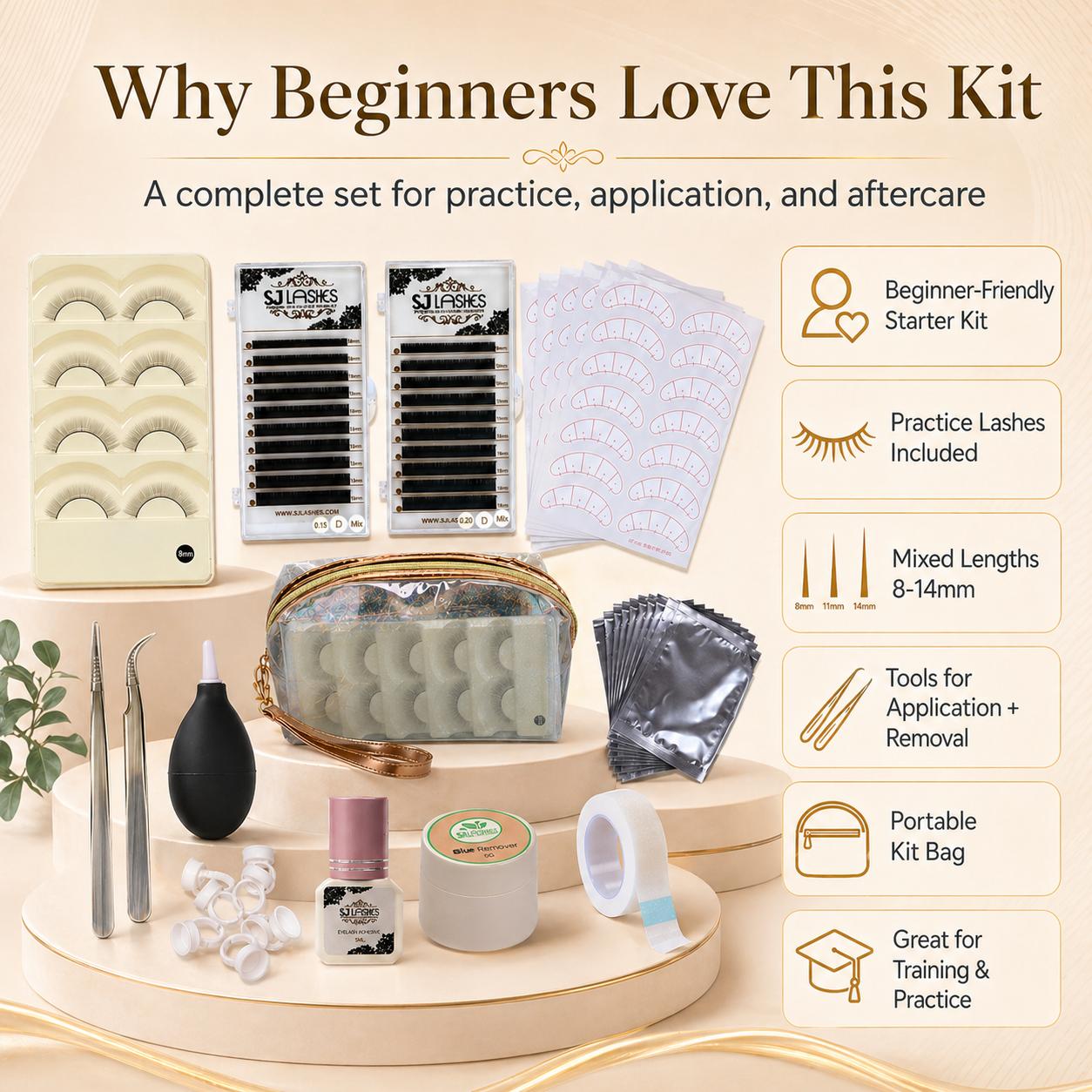SJ LASHES Eyelash Extension Kit - Complete Faux Mink 3D Lash Practice Set for Beginners & Pros with Premium Glue Remover Tweezers & More - Flawless, Makeup SJ LASHES Eyelash Extension Kit - Complete Faux Mink 3D Lash Practice Set for Beginners & Pros with Premium Glue Remover Tweezers & More - Flawless, Makeup