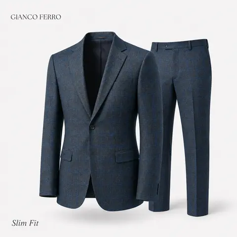 GIANCO FERRO Men's Slim Fit Plaid 2-Piece Formal Suit - Button-Front Long-Sleeve Jacket, Polyester Pants Set, Dry Clean Only, for Corporate, Wedding, Regular/Short/Long Sizes