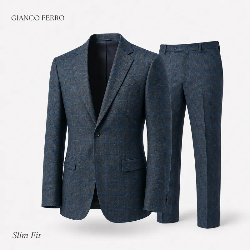 GIANCO FERRO Men's Slim Fit Plaid 2-Piece Formal Suit - Button-Front Long-Sleeve Jacket, Polyester Pants Set, Dry Clean Only, for Corporate, Wedding, Regular/Short/Long Sizes