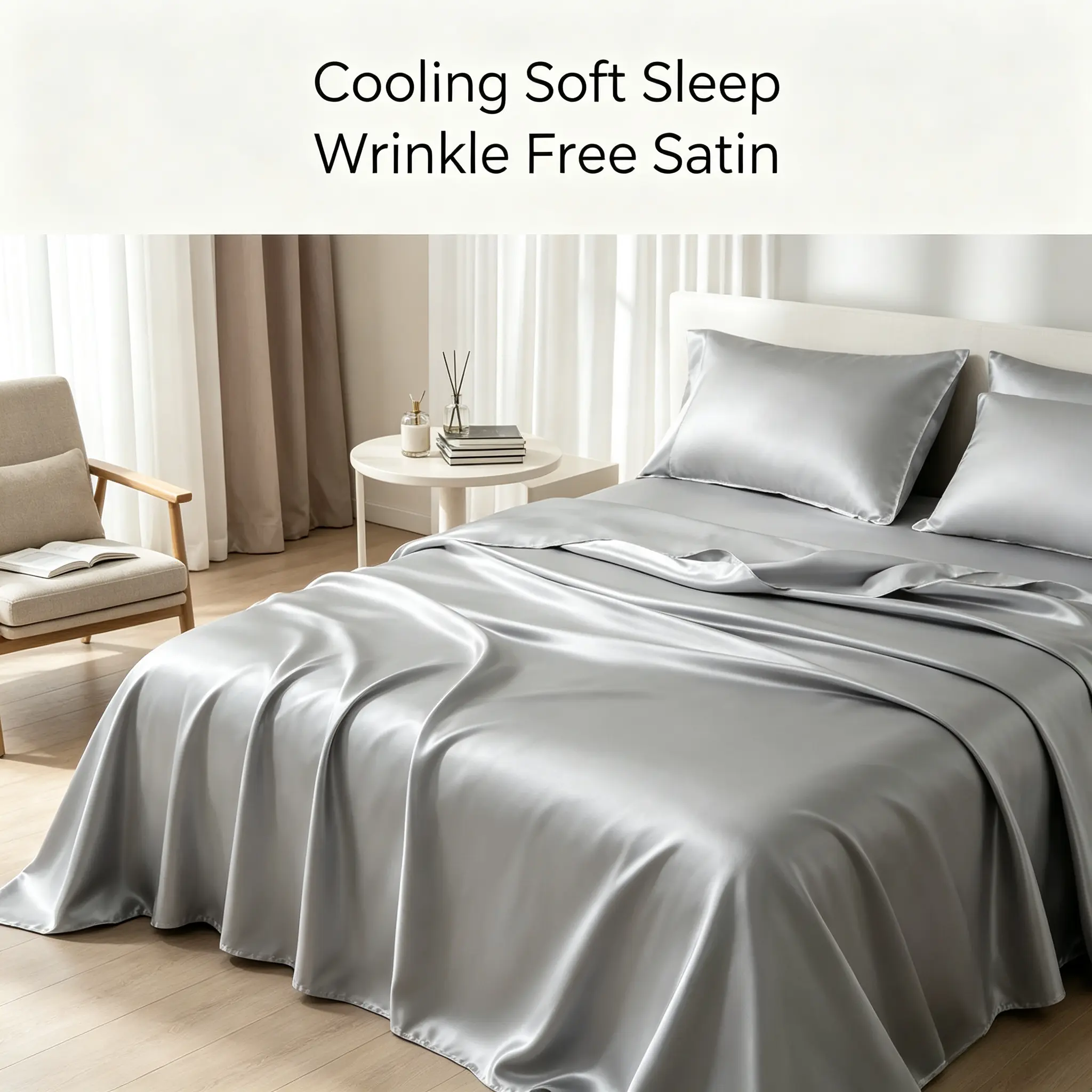Grey & Blue Glossy Silky Satin Bedding Set 3/4 Pieces, 11.8 Inch Deep Pocket Full Surround Elastic Fitted Sheet, Wrinkle Resistant Cooling Breathable Smooth Bed Sheets, Machine Washable Luxury Skin-Friendly Hotel Grade Bed Linen