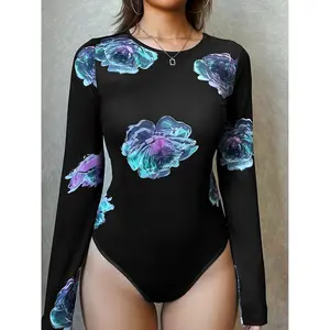 Colorful Flower Print Crewneck Bodysuit,Casual Fashion Sexy Long-sleeved Bodysuit-LTY65