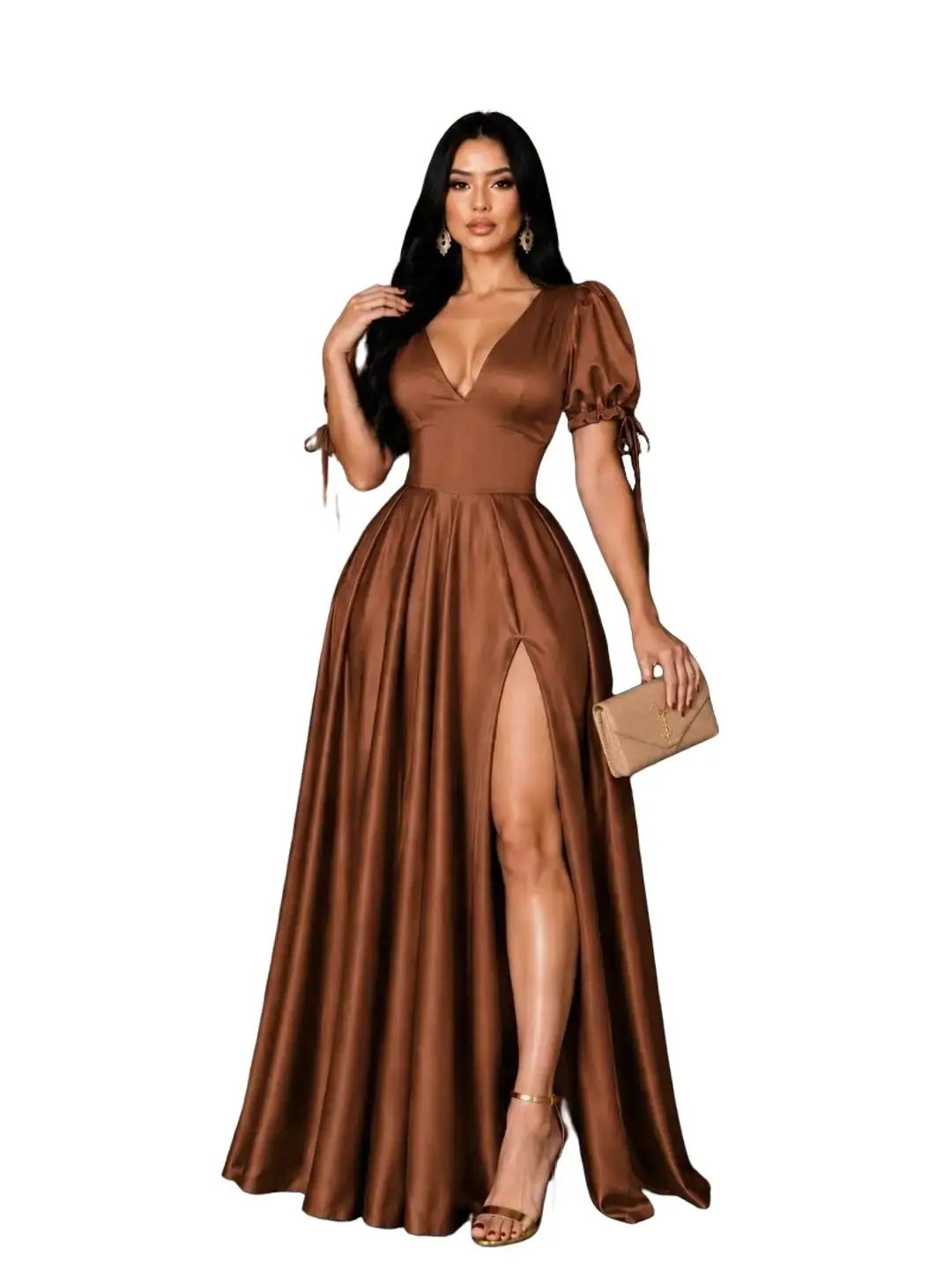 Hadassah Women’s Sculpting Waist Maxi Dress – Short Puff Sleeves, High-Stretch Fabric, Snug Waist, Hourglass Fit Party Party