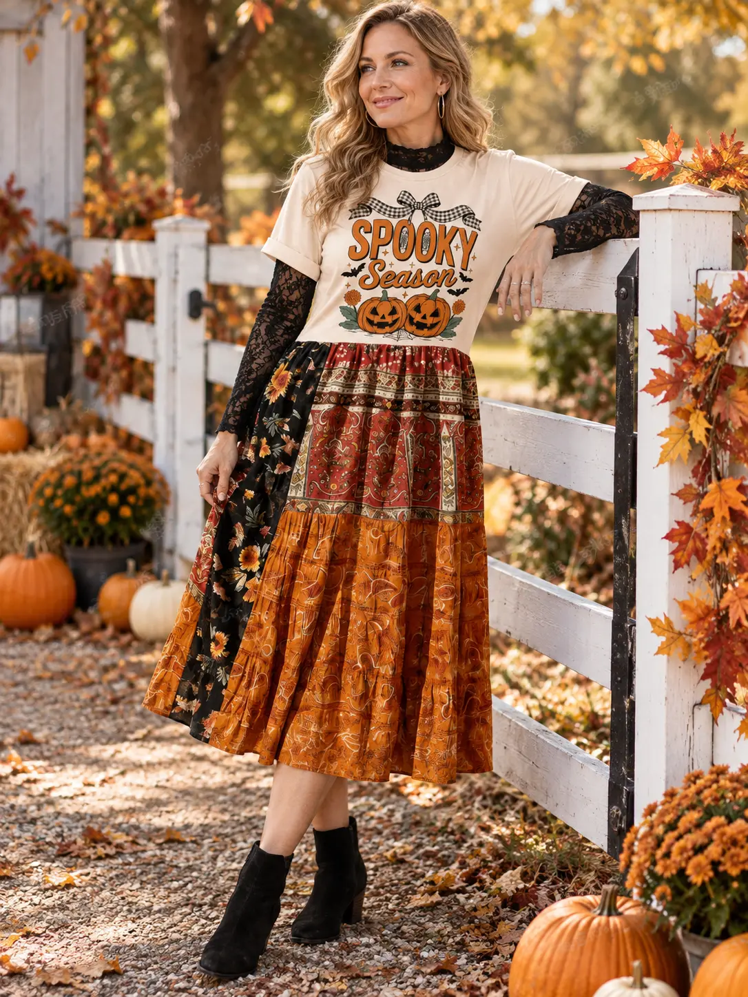 Women's Spooky Season Pumpkin Print Patchwork Dress Short Sleeve Graphic Halloween Midi Dress Loose Fit Fall Harvest Festival Outfit Thanksgiving Dress