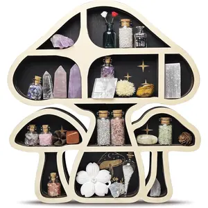 Cute Mushroom Decor, Wooden Mushroom Floating Shelves for Wall, Moon Shelf Wall Decor Crystal Rock Gem Stone Display Shelf, Trinket Knick Knack Shelf, Mushroom Gifts for Mushroom Lovers