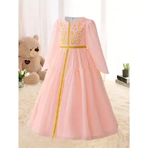 Elegant Pink Embroidered Girls' Party Dress - Long Sleeve Princess Kaftan with Floral Patterns, Golden Trim, and Belt for Festive Occasions, Princess Themed Attire |     Elegant Kaftan Style |     Intricate Embroidery, Gift for Eld, Gift for Ramadan
