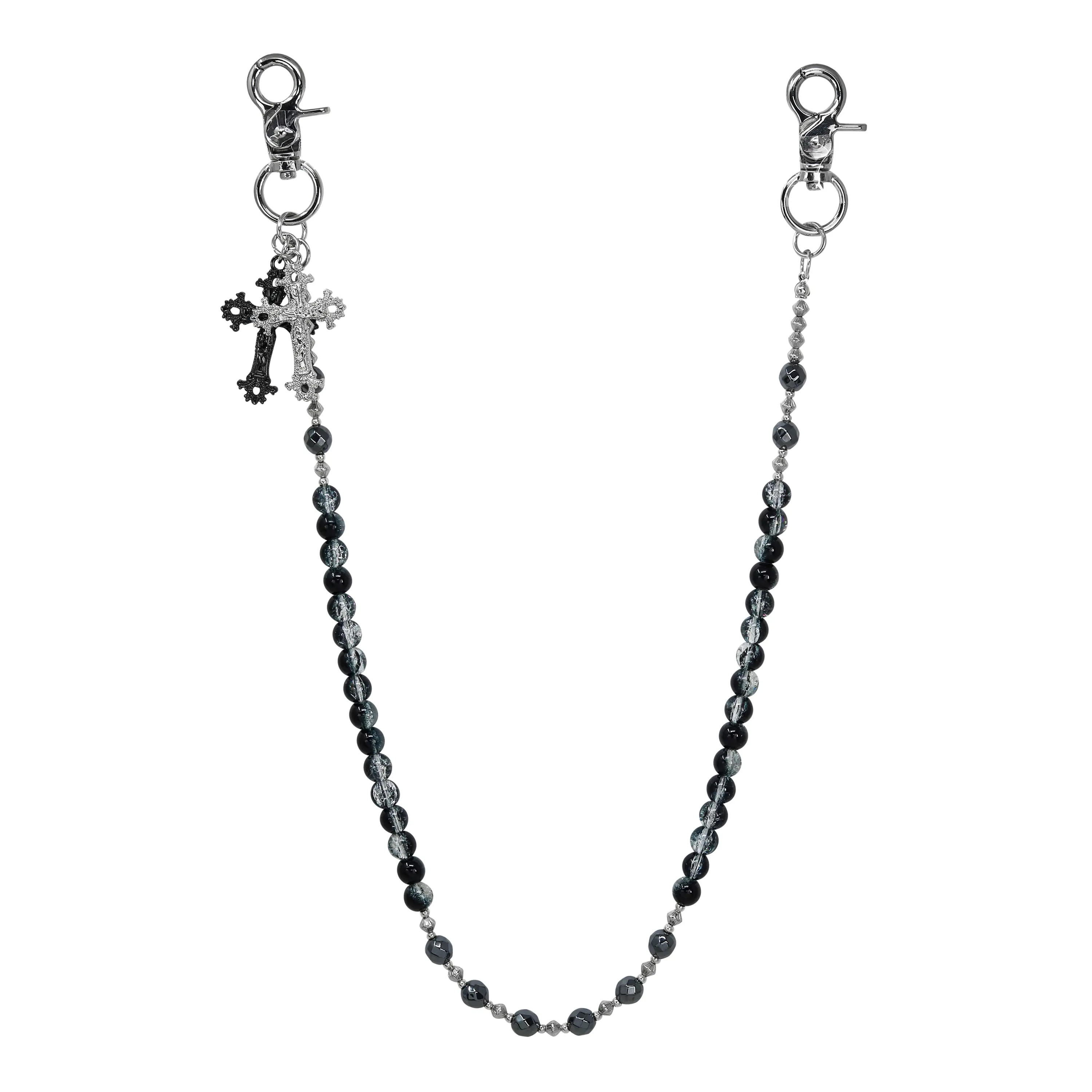 Beaded Cross Charm Pant Chain – Silver Plating – Alloy with Coated Finish