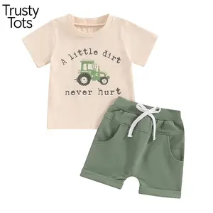 Toddler Boy Shorts Set Letter Tractor Print Short Sleeve Round Neck T-Shirt with Solid Shorts 2Pcs Outfit Clothes Set Summer Outfits Letter Print Crew Neck Short Sleeve T-Shirts Elastic