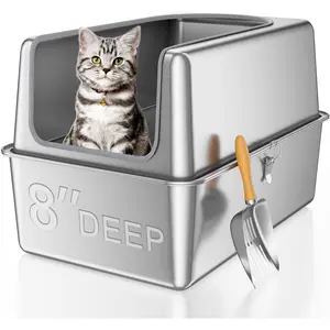 16'' High Sides XXXL All Stainless Steel  Litter Box with Lid,8'' Deep Metal Litter Box for Big Cats, Litter Boxes with High Wall Enclosure,Anti-Leakage,Never Absorbs Odors,Non-Sticky