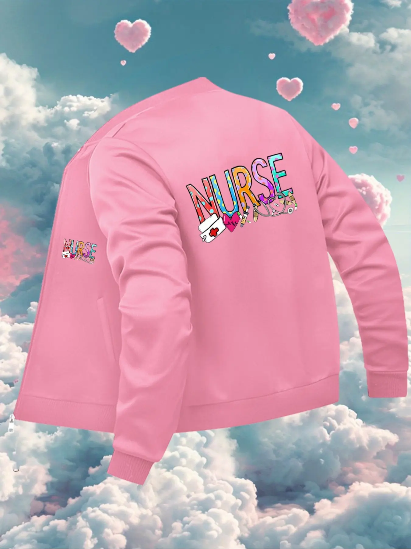 Women's Casual Graphic Jacket, Fitted Zipper Cardigan for All Seasons, Stylish Nurse Coat with Baseball Collar, Unique Layering Piece