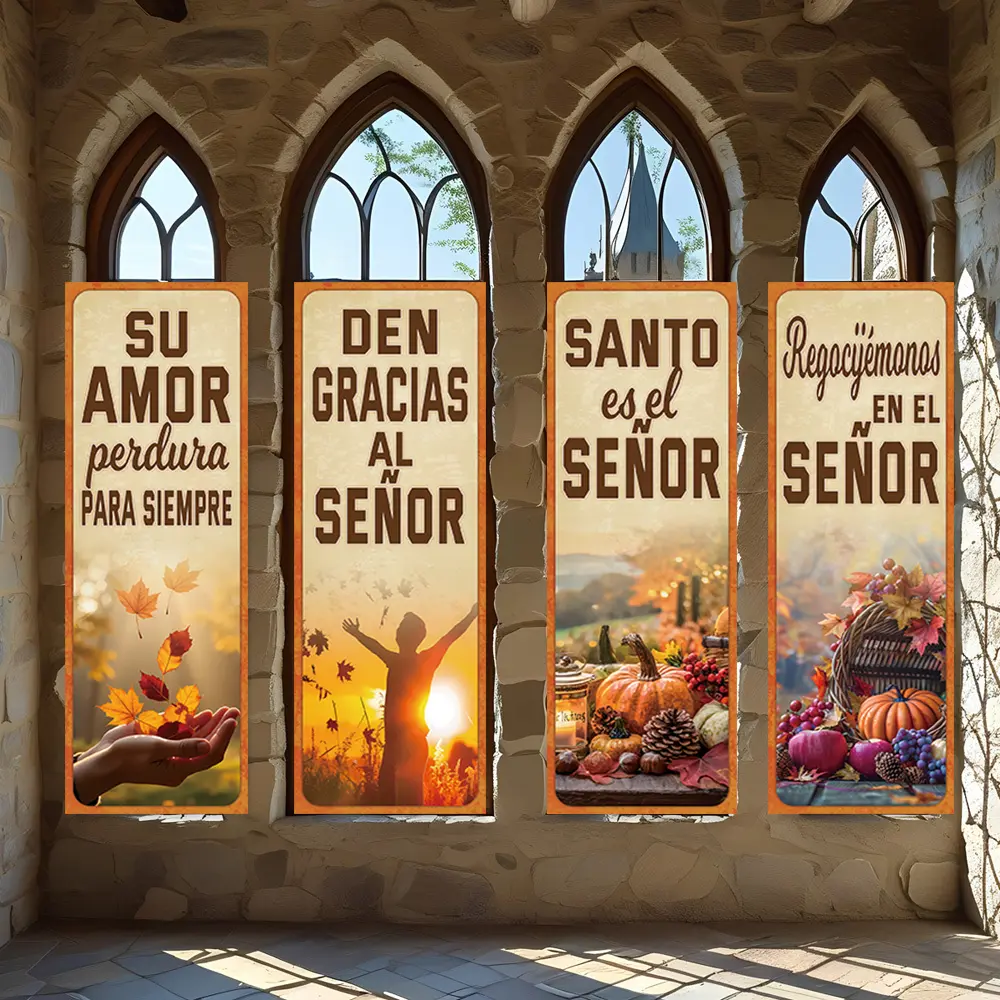 4 Pcs Religious Banners, Polyester Material Autumn Religious Vertical Banners Spanish Bible Verse Print Thanksgiving Harvest Holiday Decor for Church Home Indoor Wall Art