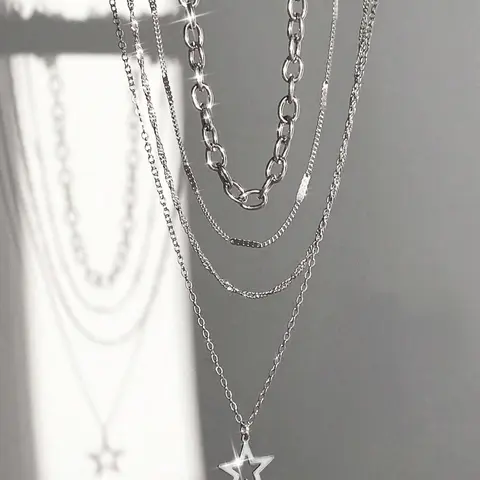4-Piece Punk Style Star Pendant Alloy Necklace Set, Unique Layered Design, Ideal Gift for Punk Fashion Lovers, Modern Versatile Accessories, Streetwear Statement Jewelry, Fashion Cool Accessories