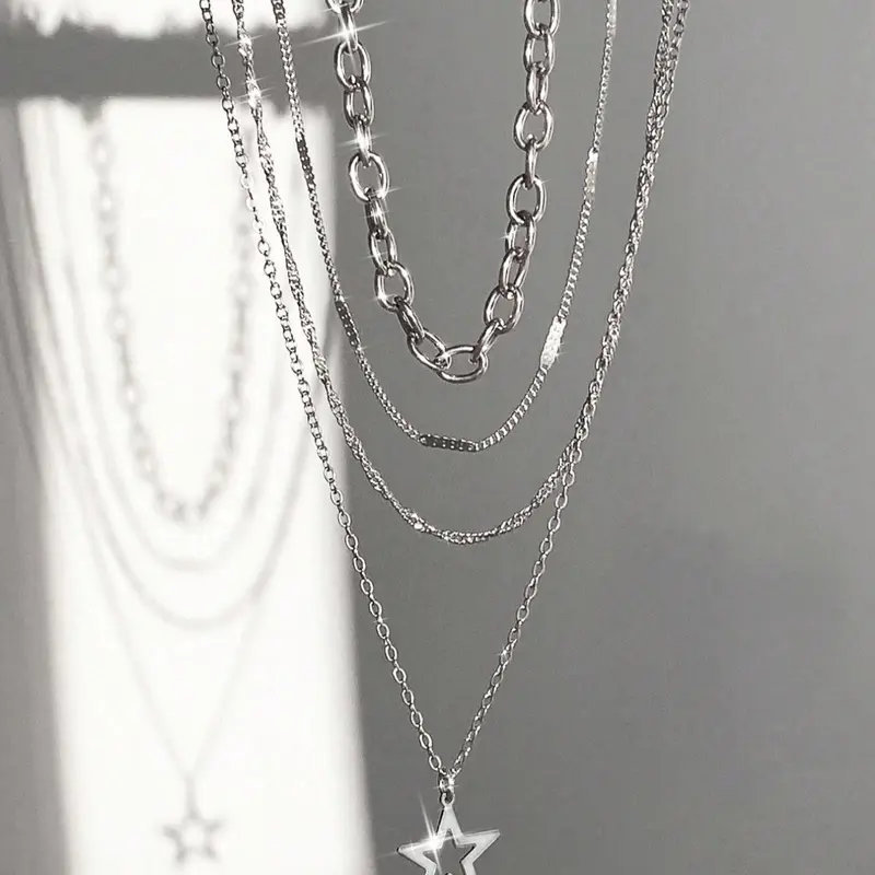 4-Piece Punk Style Star Pendant Alloy Necklace Set, Unique Layered Design, Ideal Gift for Punk Fashion Lovers, Modern Versatile Accessories, Streetwear Statement Jewelry, Fashion Cool Accessories
