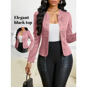 Lady Four Season Suede Button Detail Open Front Jacket Fabric Fit