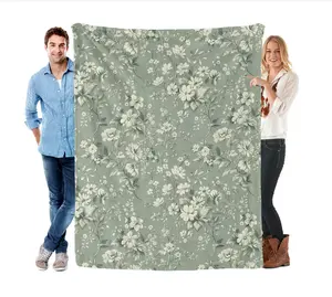 Sage Green Floral Fleece Throw Blanket, Vintage Wildflower Botanical Print Soft Microfiber Polyester Blanket, Cozy Flannel Blanket for Couch Bed, Rustic Farmhouse Decor Gift