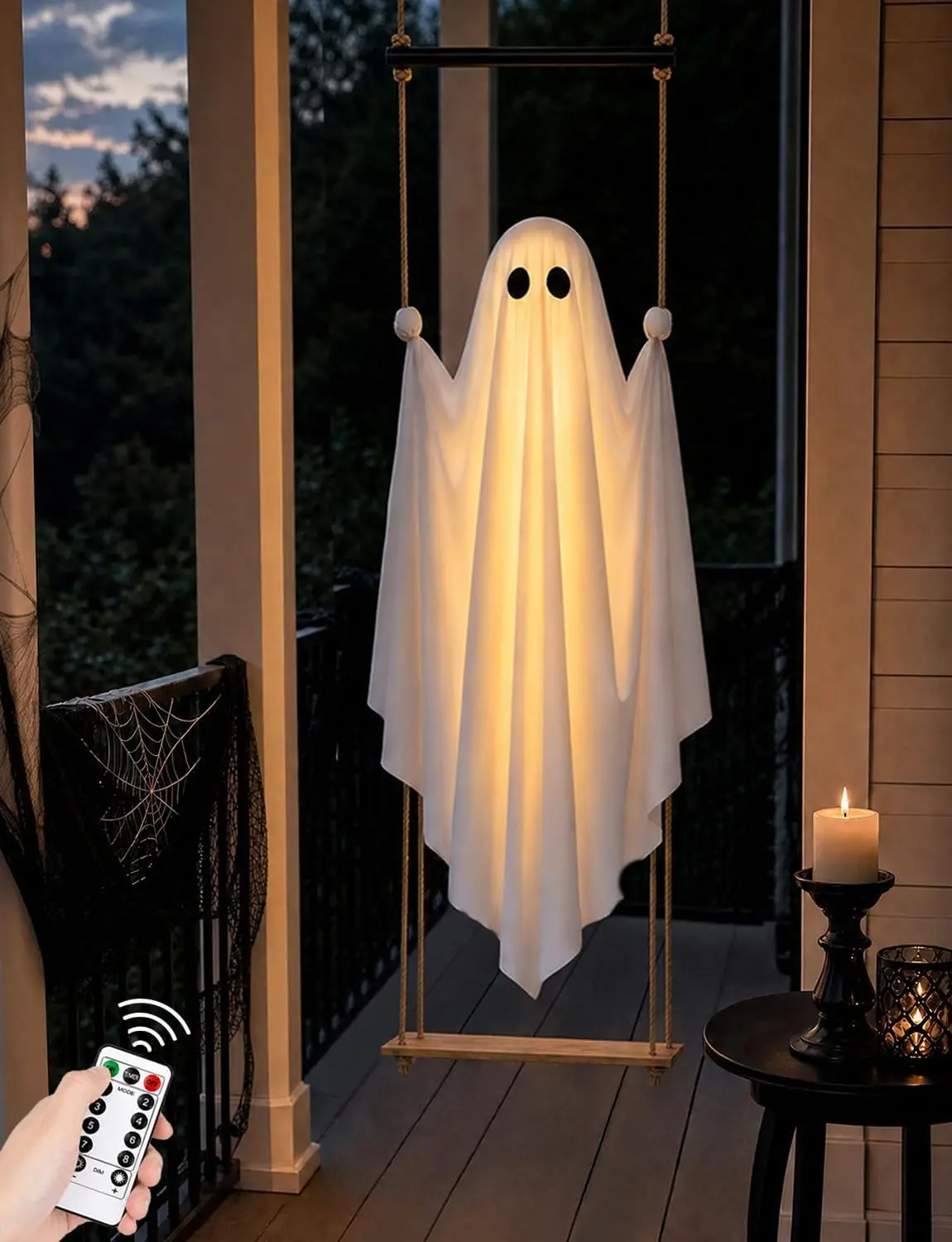 Halloween Decorations Outdoor 3.7FT Pre-Assembled Hanging Swing Ghost | ready-to-hang ghost,remote waterproof lights,stable&adjustable,sturdy–ideal for porches, trees, yards & entryways