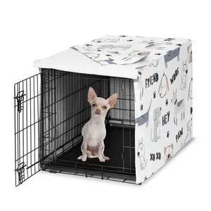 Sweet Jojo Designs 24in. Small Dog Crate Cover (Cartoon Puppy Print) Pet Cage, Kennel Covers (Neutral, Modern, Bulldog, Wiener Doggy, Paws, Whimsical, Playful, Woof, Dachshund, Blue, Taupe, Grey)